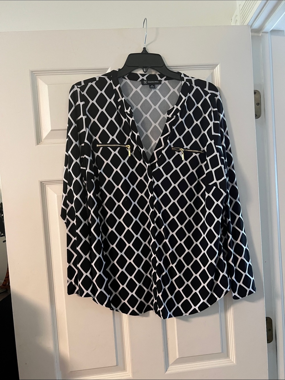 INC International Concepts Black and White Geometric Button-Down Shirt